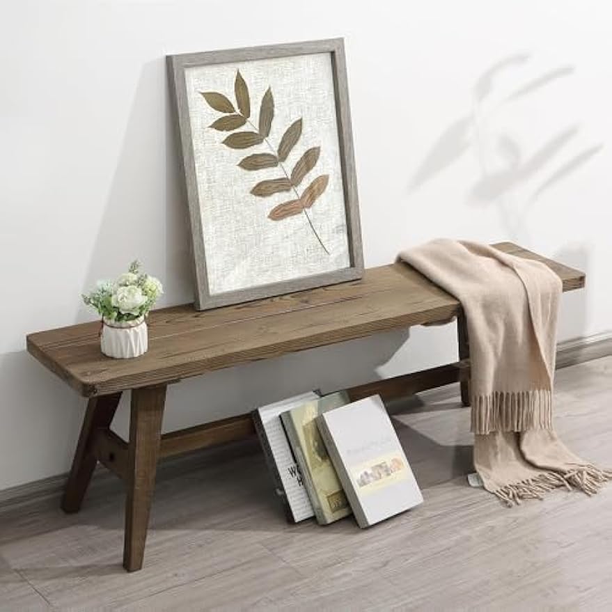 Wnutrees 47" Farmhouse Wood Bench, Dining Room Bench, Entryway Bench for Living Dining Room, Solid Wood, Easy to Assemble, Brown