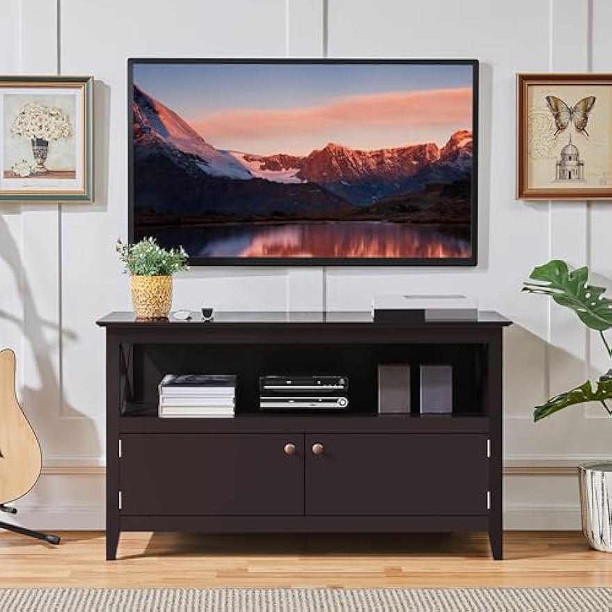 Yaheetech Wooden TV Stand for TVs Up to 48 inch, Media Entertainment Center Table, TV Cabinet Table with Storage Open Shelf & 2 Doors for Living Room, Espresso