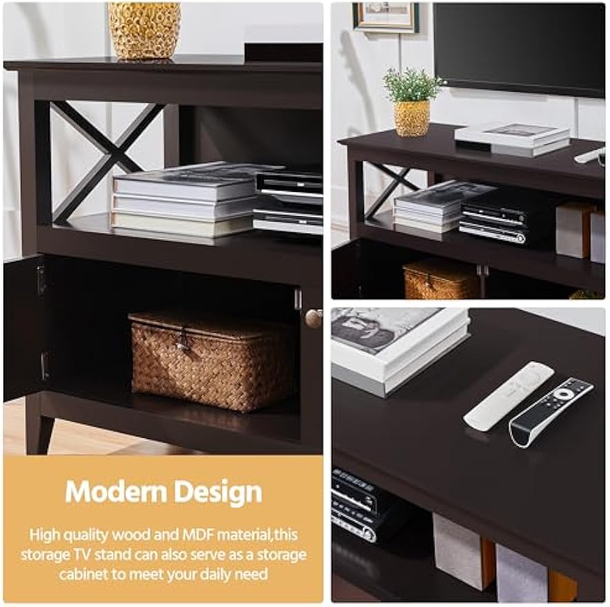 Yaheetech Wooden TV Stand for TVs Up to 48 inch, Media Entertainment Center Table, TV Cabinet Table with Storage Open Shelf & 2 Doors for Living Room, Espresso