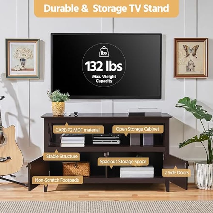 Yaheetech Wooden TV Stand for TVs Up to 48 inch, Media Entertainment Center Table, TV Cabinet Table with Storage Open Shelf & 2 Doors for Living Room, Espresso