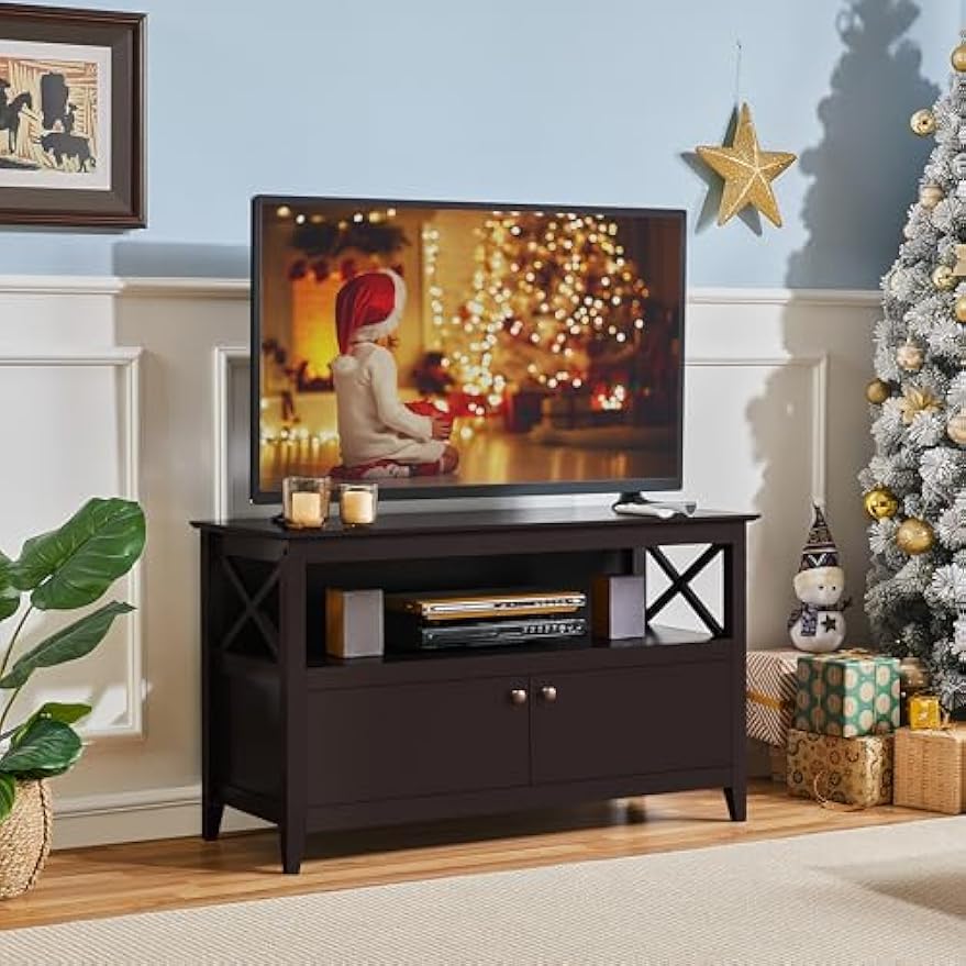 Yaheetech Wooden TV Stand for TVs Up to 48 inch, Media Entertainment Center Table, TV Cabinet Table with Storage Open Shelf & 2 Doors for Living Room, Espresso