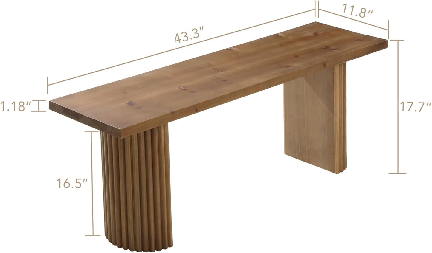 Fluted Wood Bench, 43" Farmhouse Solid Wood Bench Seat for Entryway, Dining Room, Indoors, Semicircular Leg, Easy Assembly, Natural