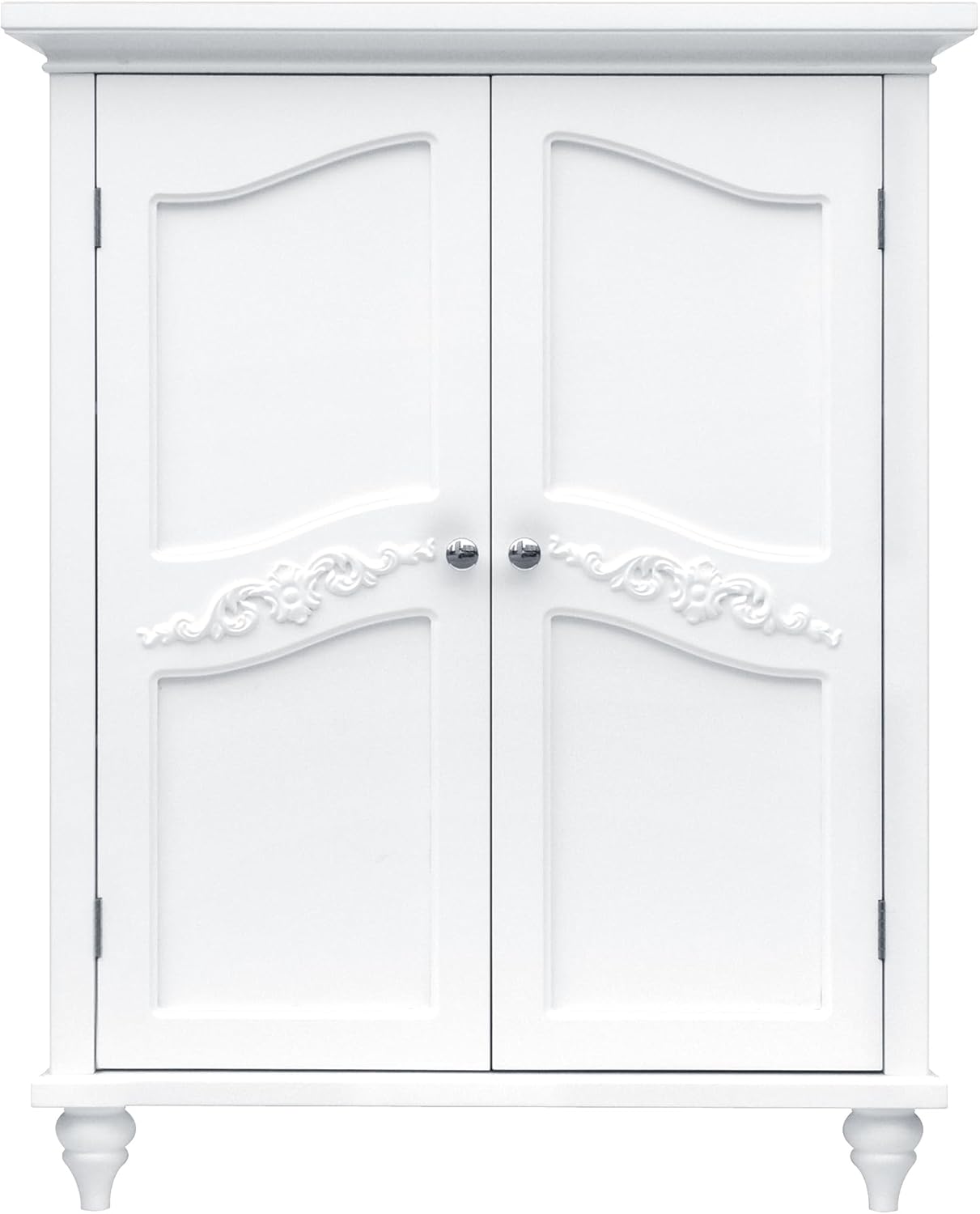Teamson Home Versailles Wooden Freestanding Floor Storage Cabinet with 2 Adjustable Interior Shelves 3 Storage Spaces and 2 Floral Scroll Doors, White