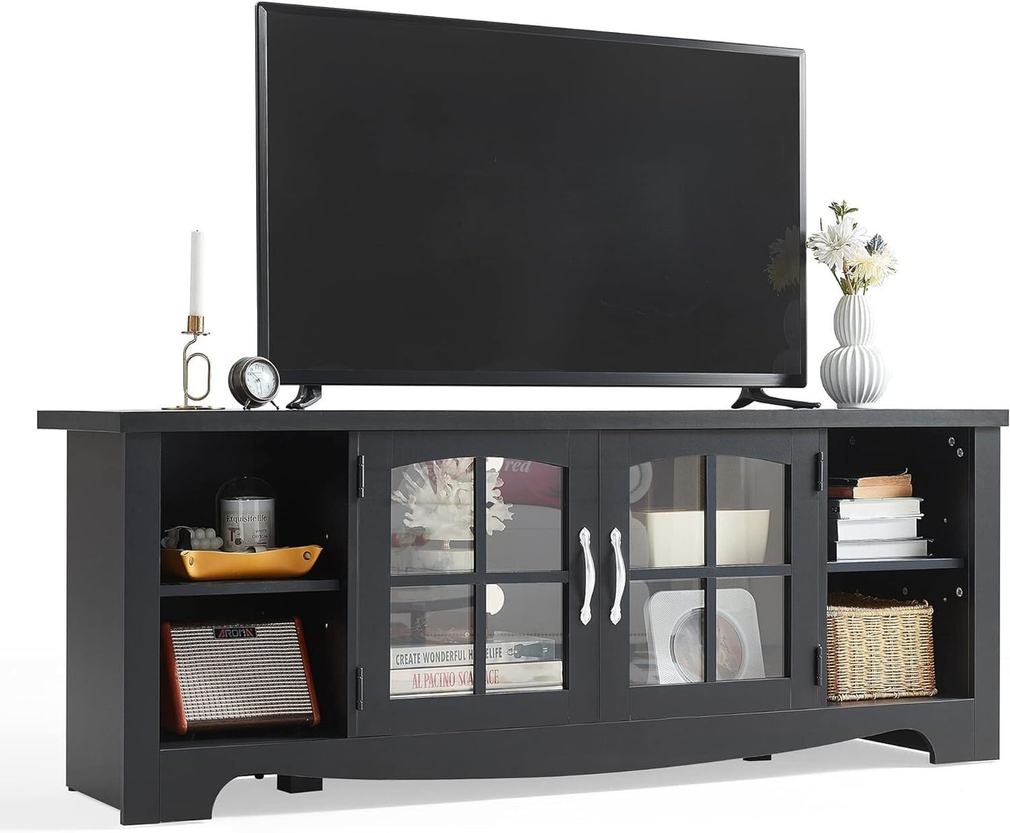 LINSY HOME Farmhouse TV Stand for 65 Inch TV, Wood Entertainment Center with Glass Door Storage Cabinet & Adjustable Shelves, Large Sturdy Console Table for Living Room & Bedroom