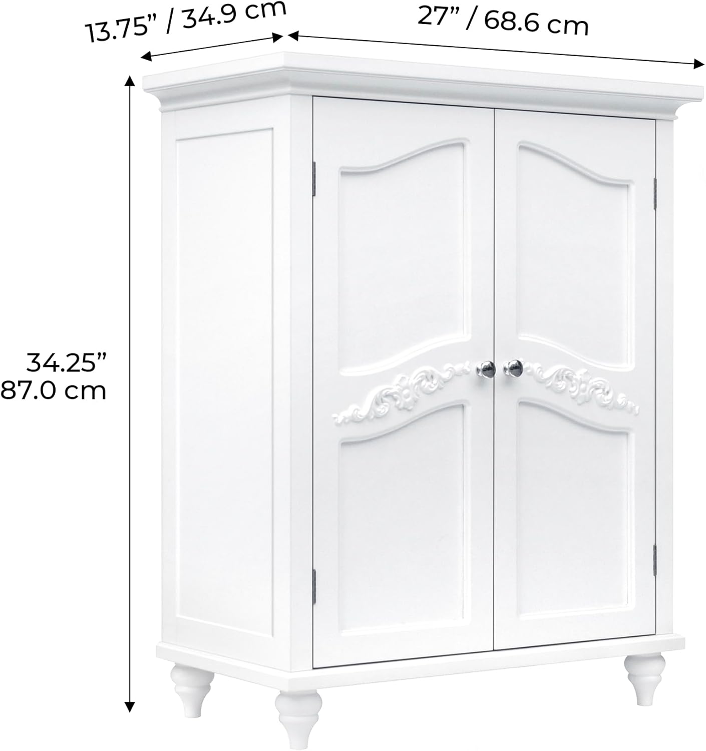 Teamson Home Versailles Wooden Freestanding Floor Storage Cabinet with 2 Adjustable Interior Shelves 3 Storage Spaces and 2 Floral Scroll Doors, White