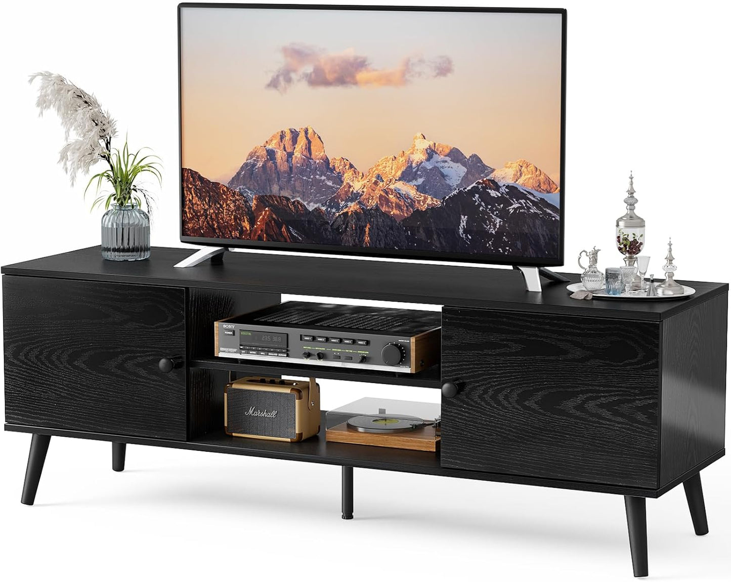 DUMOS TV Stand for 55 60 inch TV, Entertainment Center with Storage Cabinet, Mid Century Modern Media Console Table, Adjustable Hinge, Wooden Television Furniture for Living Room, Office