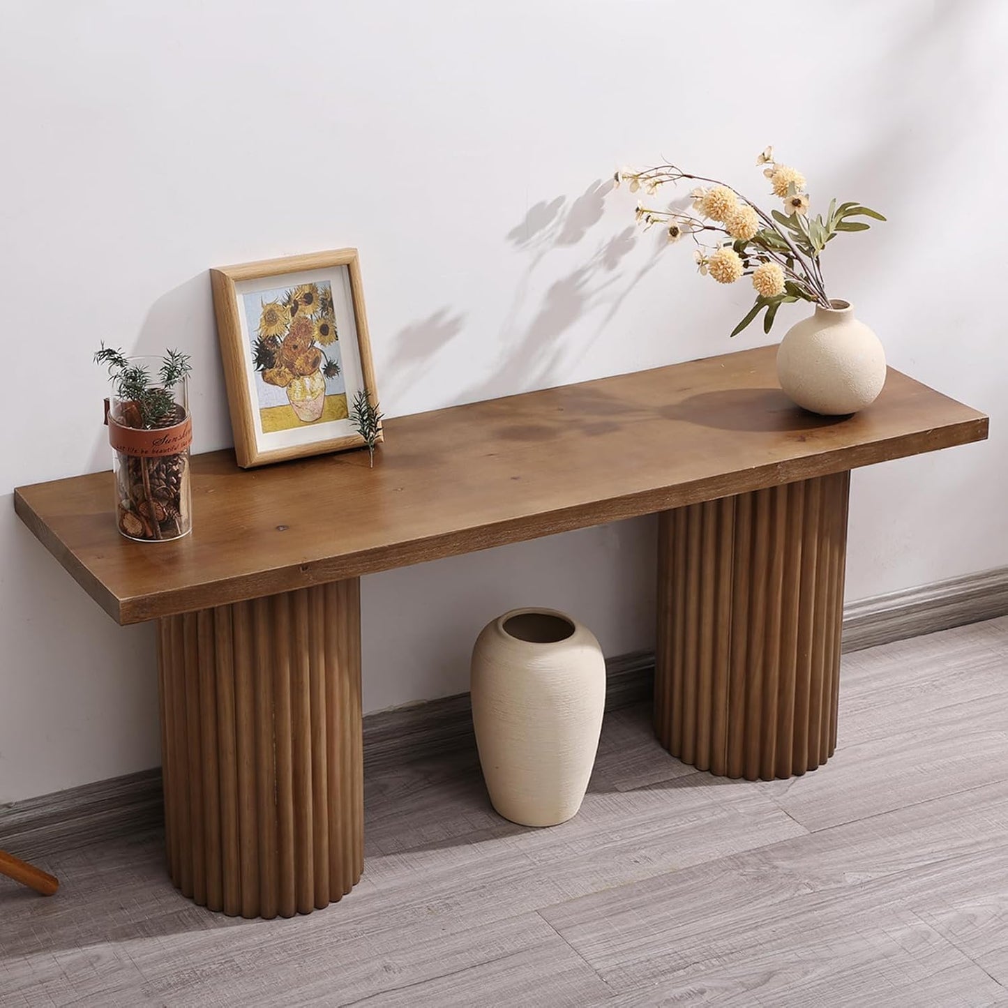 Fluted Wood Bench, 43" Farmhouse Solid Wood Bench Seat for Entryway, Dining Room, Indoors, Semicircular Leg, Easy Assembly, Natural