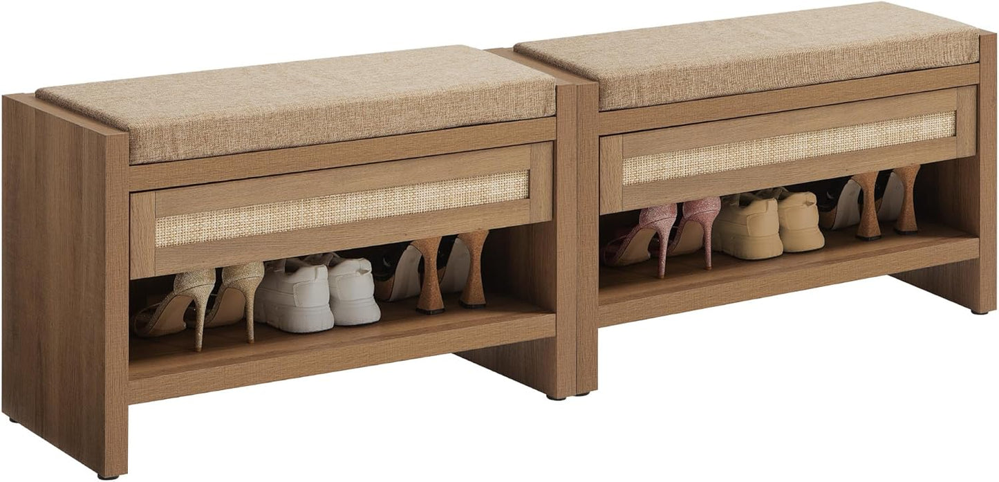 SICOTAS Rattan Shoe Bench Entryway Bench with Storage Drawer and Linen Seat Cushion, Farmhouse Boho Shoe Rack with Shelf, Wooden Storage Bench for Entryway Hallway and Bedroom, Caramel Oak