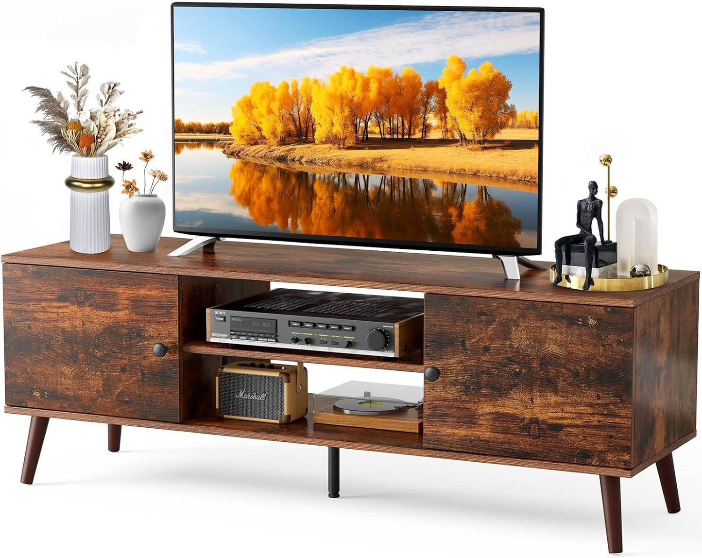 DUMOS TV Stand for 55 60 inch TV, Entertainment Center with Storage Cabinet, Mid Century Modern Media Console Table, Adjustable Hinge, Wooden Television Furniture for Living Room, Office