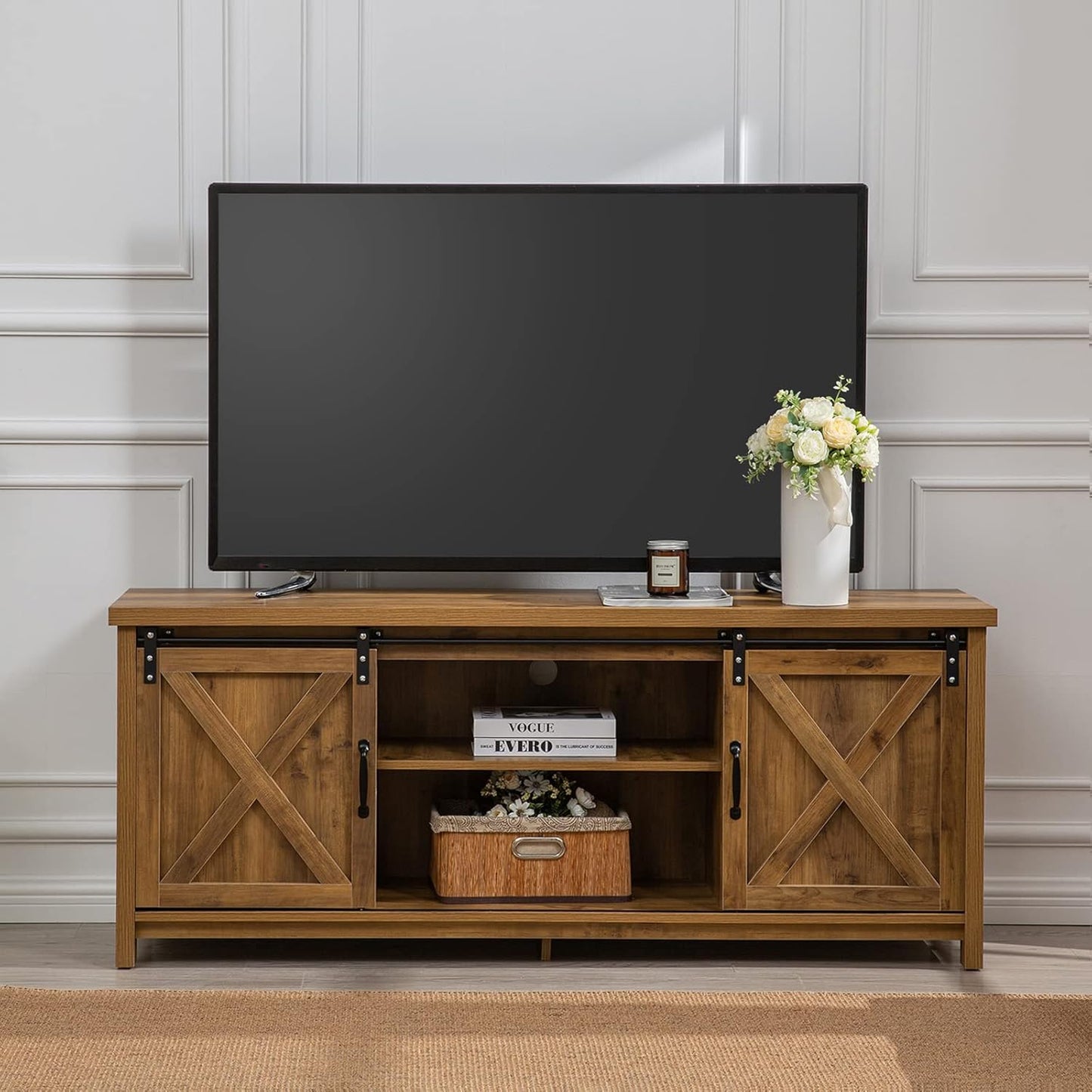 GAZHOME Modern Farmhouse TV Stand with Sliding Barn Doors, Media Entertainment Center Console Table for TVs up to 65”,2-Tier Large Storage Cabinets,Rustic TV Stand for Living Room Bedroom,Brown