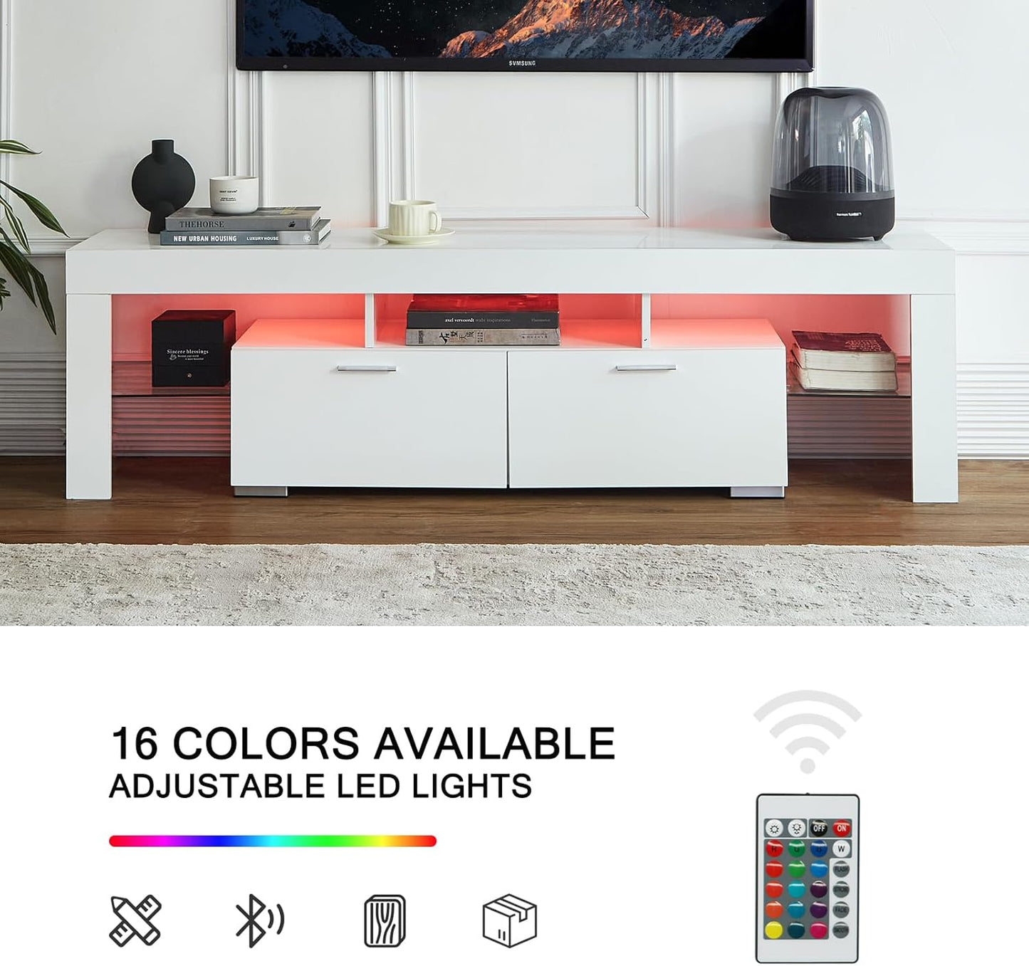Nrizc LED TV Stand 60-75 inch, Modern Entertainment Center for Living Room, White TV Console with 2 Drawers, Wooden TV Cabinet with Stroage
