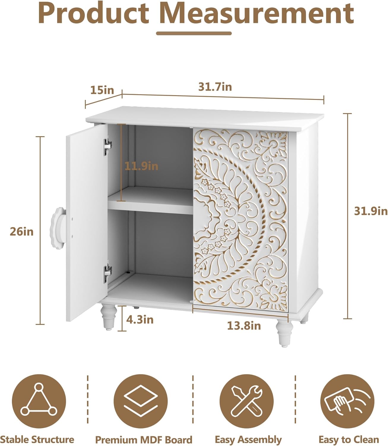 ARTPOWER Accent Cabinet with 2 Doors, Decorative Storage Cabinet with Carved Flower Pattern, White Sideboard Buffet with Storage, Wood Credenza for Entryway, Living Room, Kitchen, Dining Room