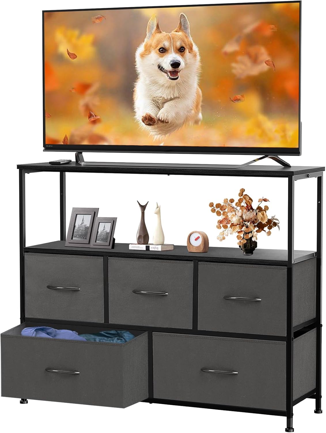 DUMOS TV Stand Dresser for Bedroom with 5 Fabric Drawer,Entertainment Center for 45 inch Television, Media Console Table with Storage, Open Shelf, Adjustable Feet, Living Room Furniture, Brown