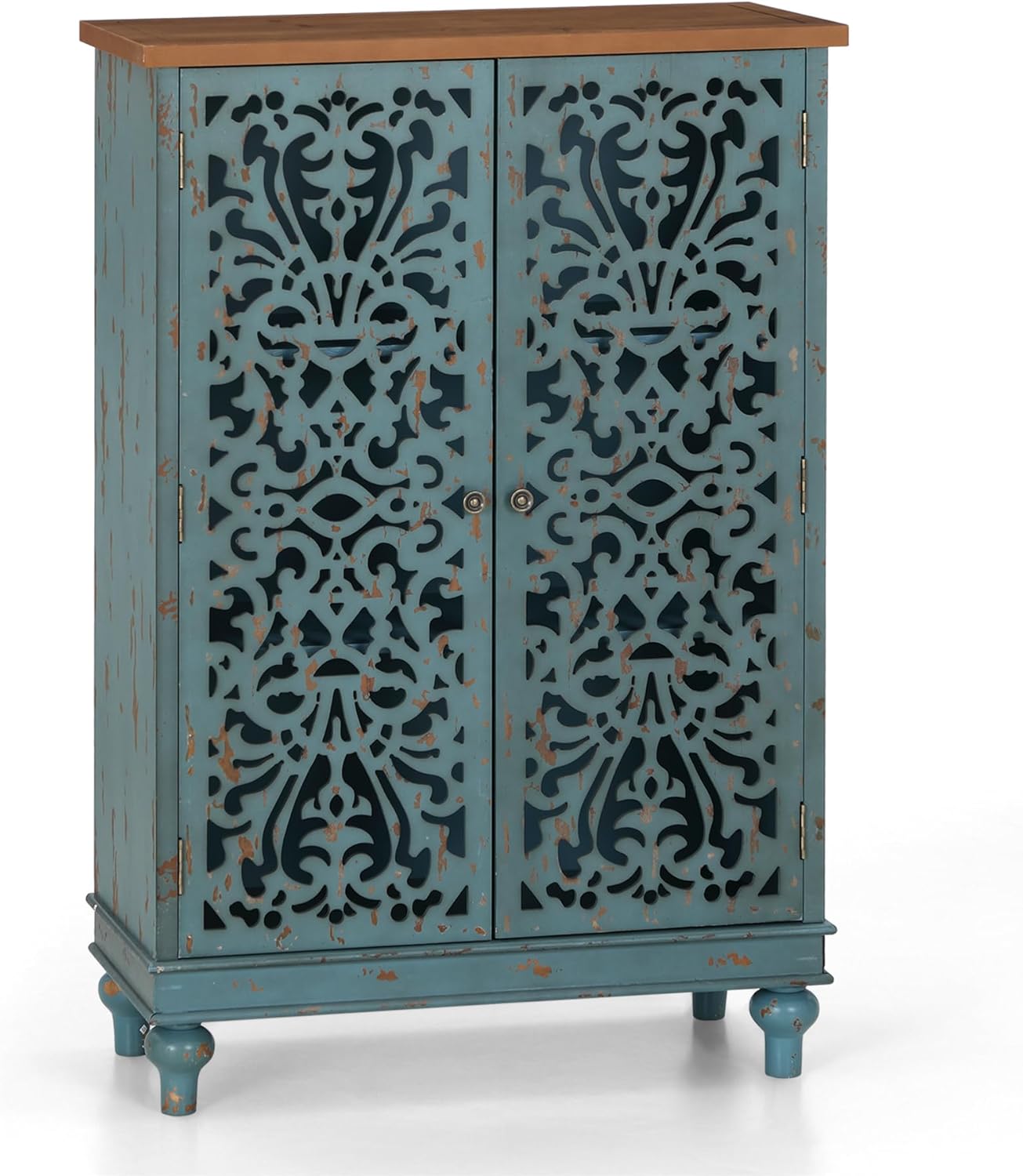Sophia & William Sideboard and Buffet with Storage, 3-Door Hollow-Carved Accent Cabinet, Distressed Wood Storage Cabinet Cupboard for Kitchen, Dining Room, Living Room, Entryway, White