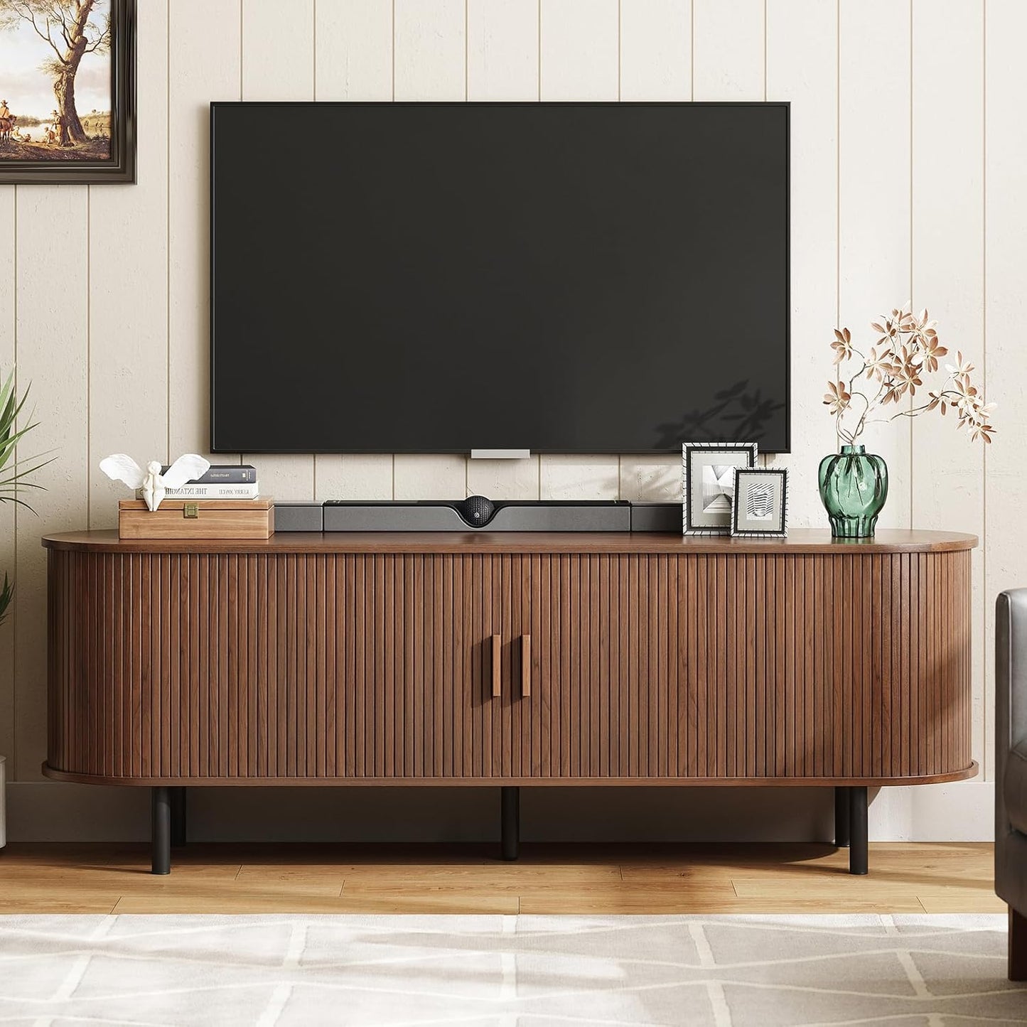 55" TV Stand with Power Outlet for TVs up to 60 Inch, Entertainment Center with Storage and Adjustable Shelves, Modern Media Console with Sliding Doors for Living Room, Walnut
