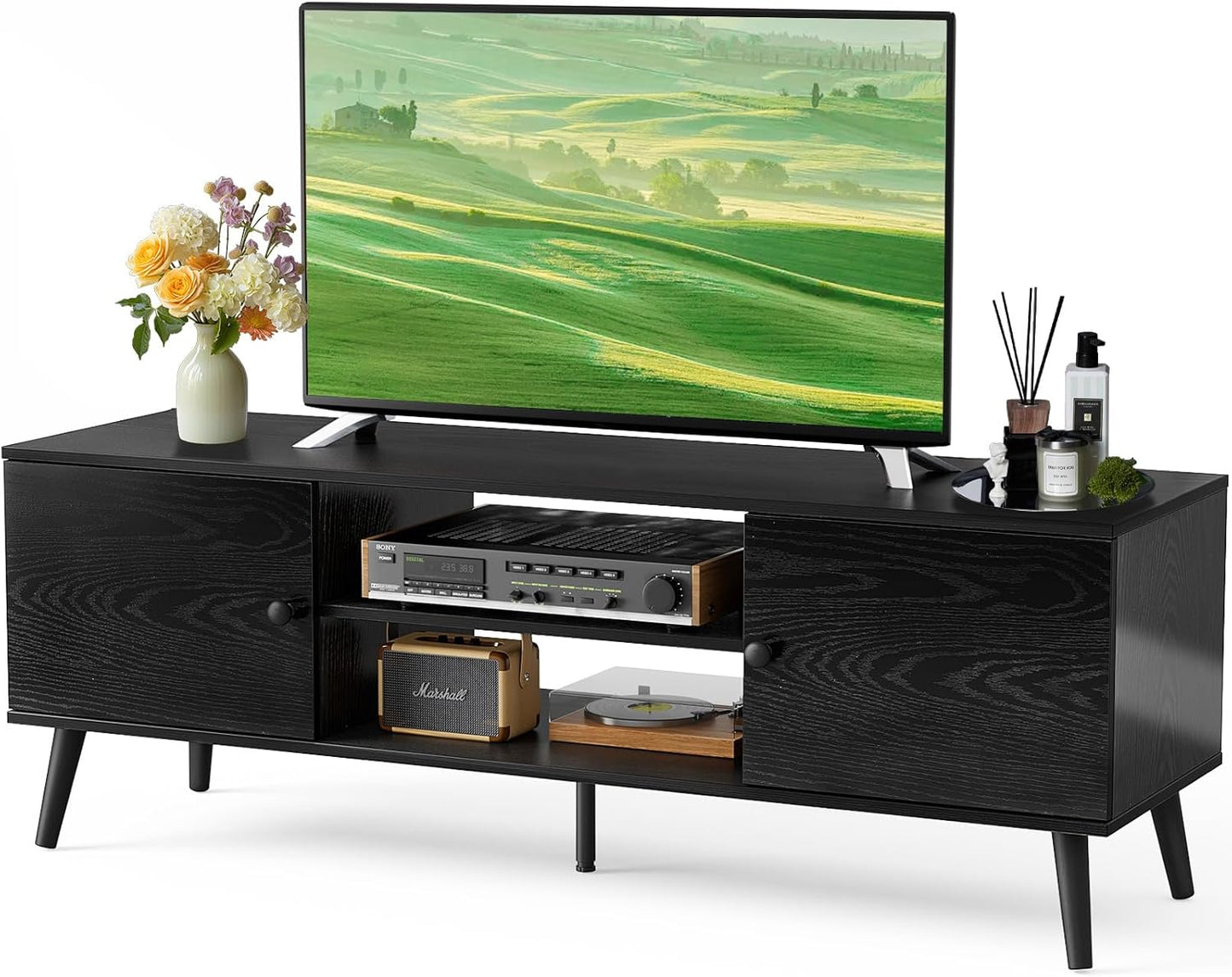 DUMOS TV Stand for 55 60 inch TV, Entertainment Center with Storage Cabinet, Mid Century Modern Media Console Table, Adjustable Hinge, Wooden Television Furniture for Living Room, Office