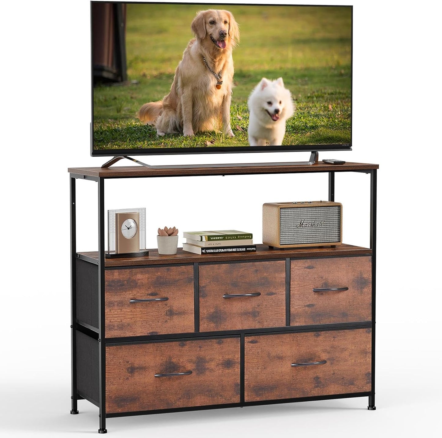 DUMOS TV Stand Dresser for Bedroom with 5 Fabric Drawer,Entertainment Center for 45 inch Television, Media Console Table with Storage, Open Shelf, Adjustable Feet, Living Room Furniture, Brown