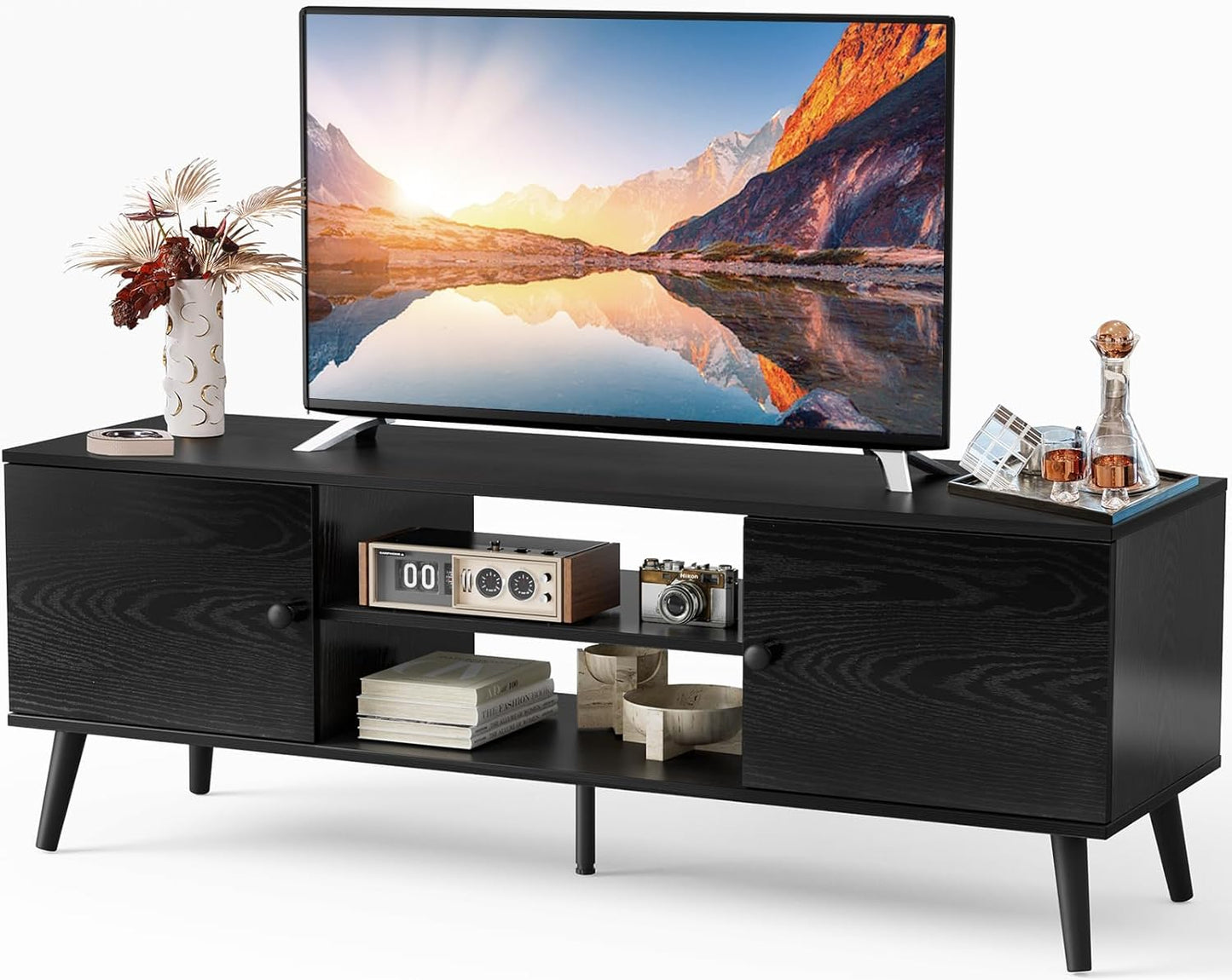 Sweetcrispy TV Stand for 55 60 inch TV, Modern Mid Century Entertainment Center with Storage, Media Console Table 2 Cabinet, Soft Hinge, Handle Door, Wooden Living Room, Office Furniture, Rustic Brown