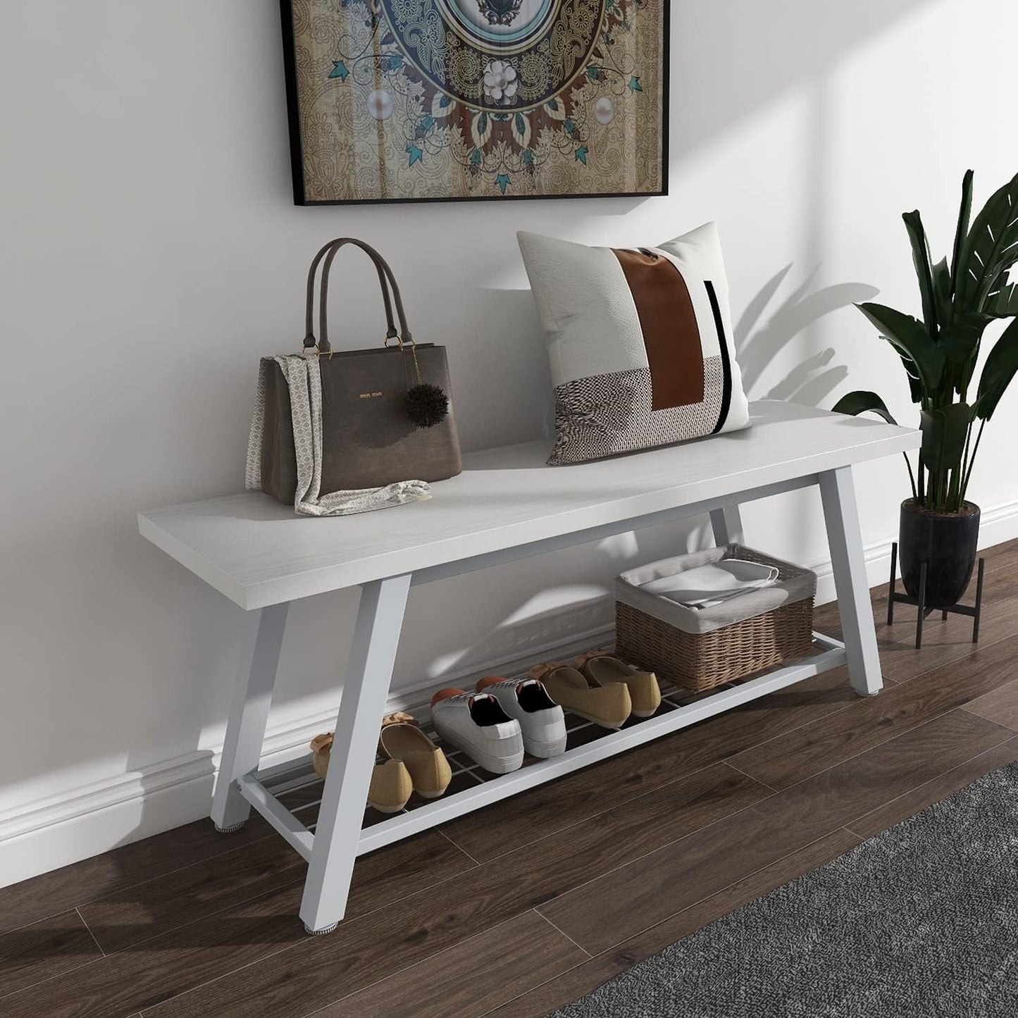 Storage Bench Industrial Rustic Wooden and Metal Entryway Shoe Boots Storage Rack Long Bench Seat for Hallway Bedroom Retro Brown Farmhouse Style