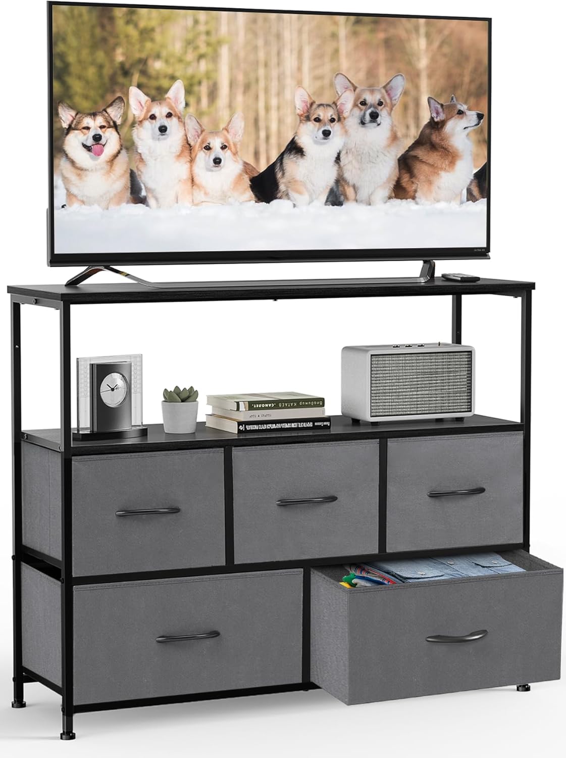DUMOS TV Stand Dresser for Bedroom with 5 Fabric Drawer,Entertainment Center for 45 inch Television, Media Console Table with Storage, Open Shelf, Adjustable Feet, Living Room Furniture, Brown