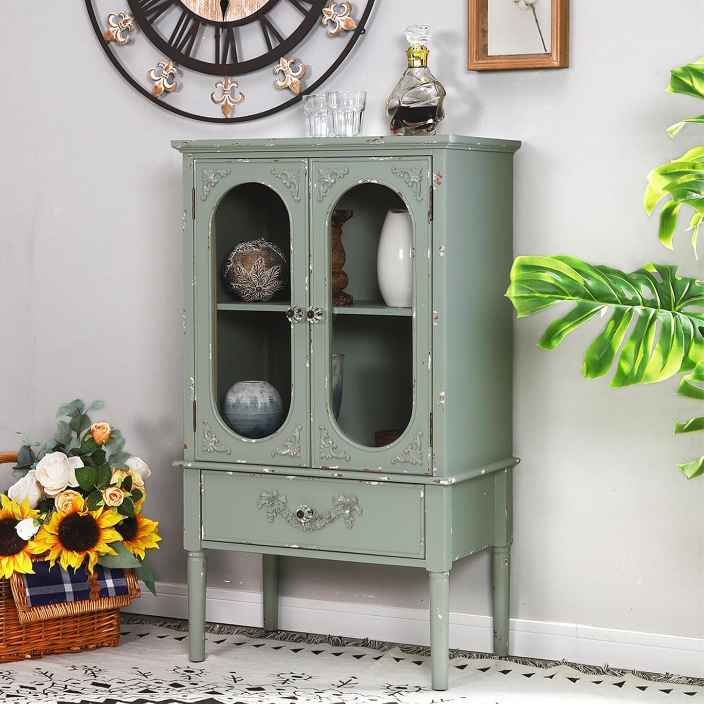 MAISON ARTS Accent Cabinet with 2 Doors and 1 Shelf, Farmhouse Boho Storage Cabinet with Solid Wood Frame, Small Buffet Sideboard for Living Room Entryway, Holds Up to 245lbs