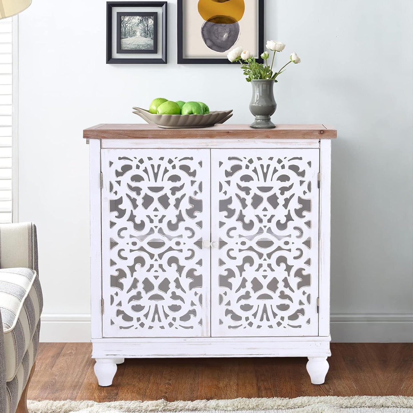 Sophia & William Sideboard and Buffet with Storage, 3-Door Hollow-Carved Accent Cabinet, Distressed Wood Storage Cabinet Cupboard for Kitchen, Dining Room, Living Room, Entryway, White
