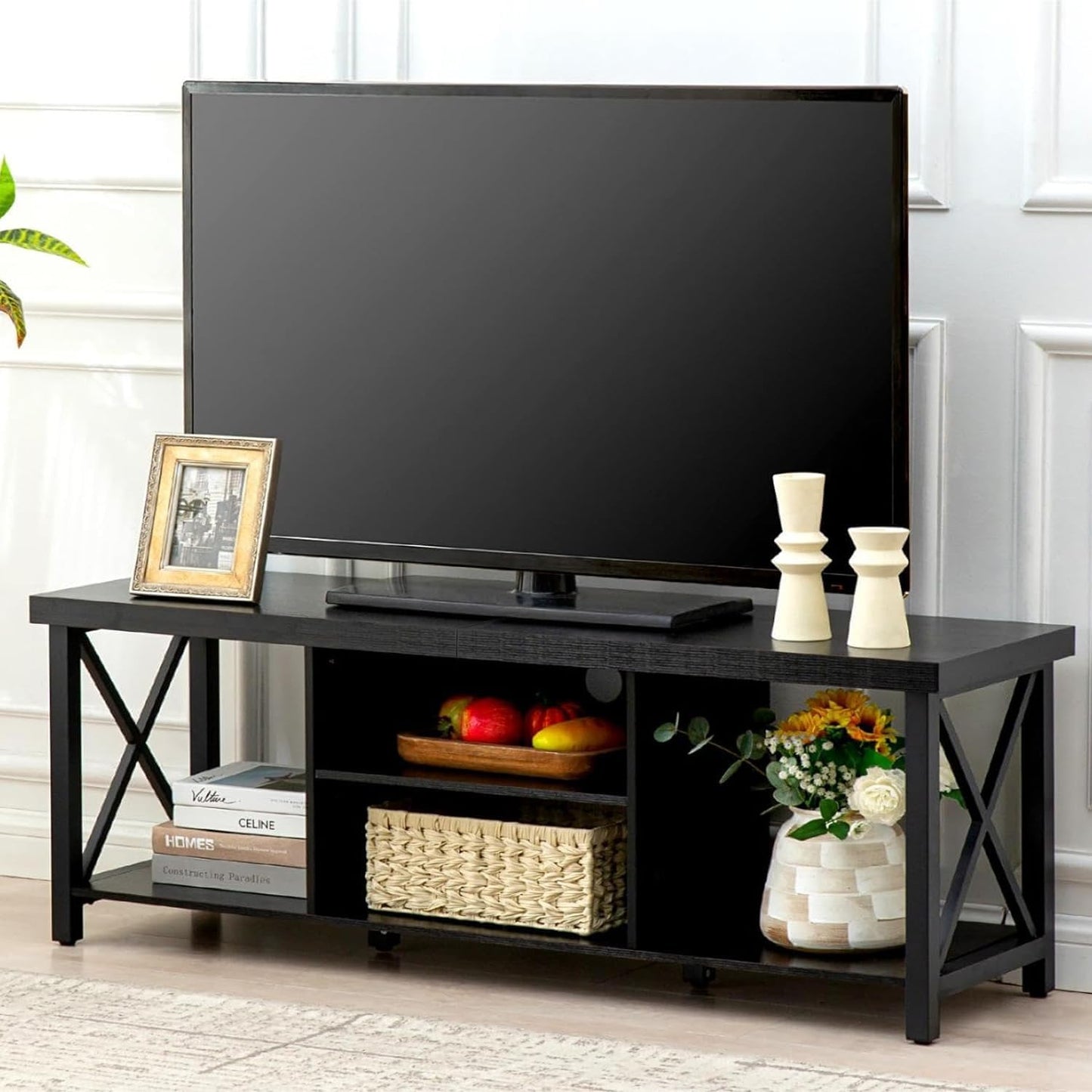 GAZHOME TV Stand for TV up to 55 Inches, TV Cabinet with Open Storage, TV Console Unit with Shelving for Living Room, Entertainment Room, Rustic Brown