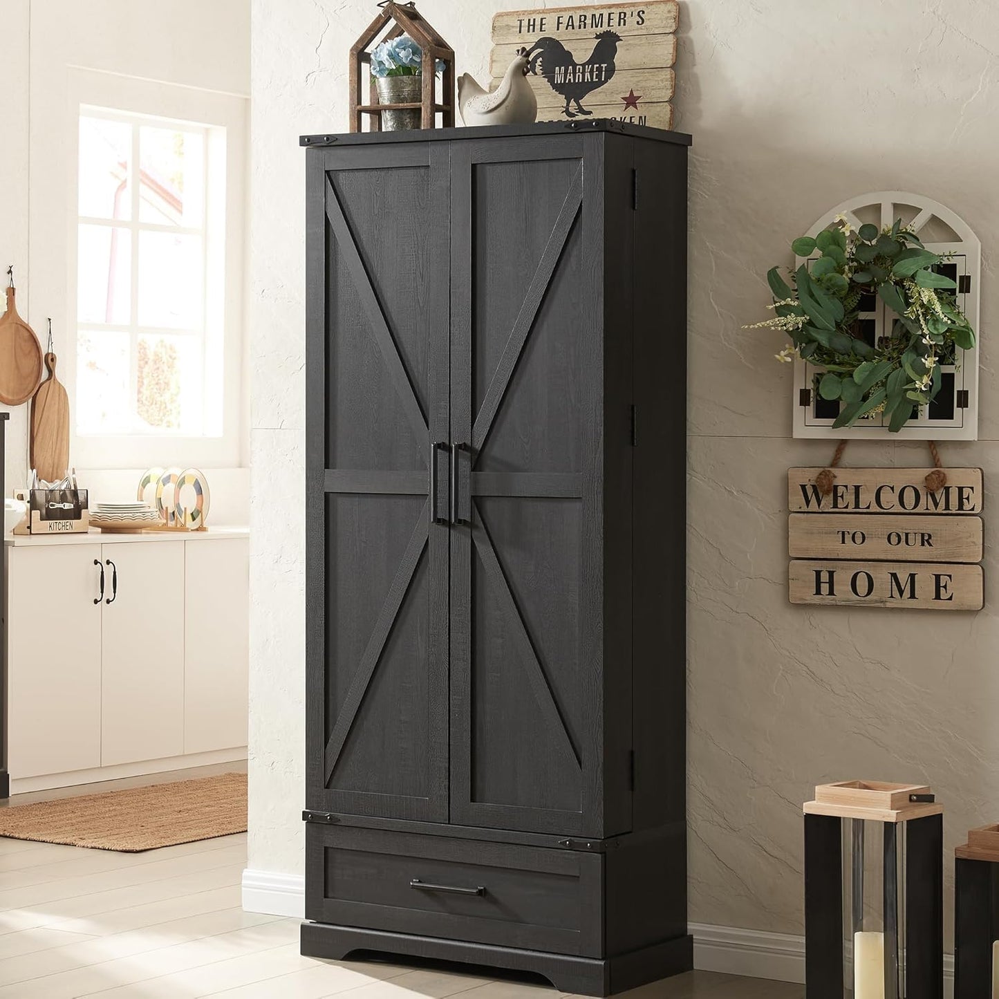 72" Farmhouse Kitchen Pantry Cabinet with Drawer, Tall Storage Cabinet with 2 Barn Doors and Shelves, Versatile Large Rustic Cupboard for Dining Room, Bathroom, Living Room, Laudry, White