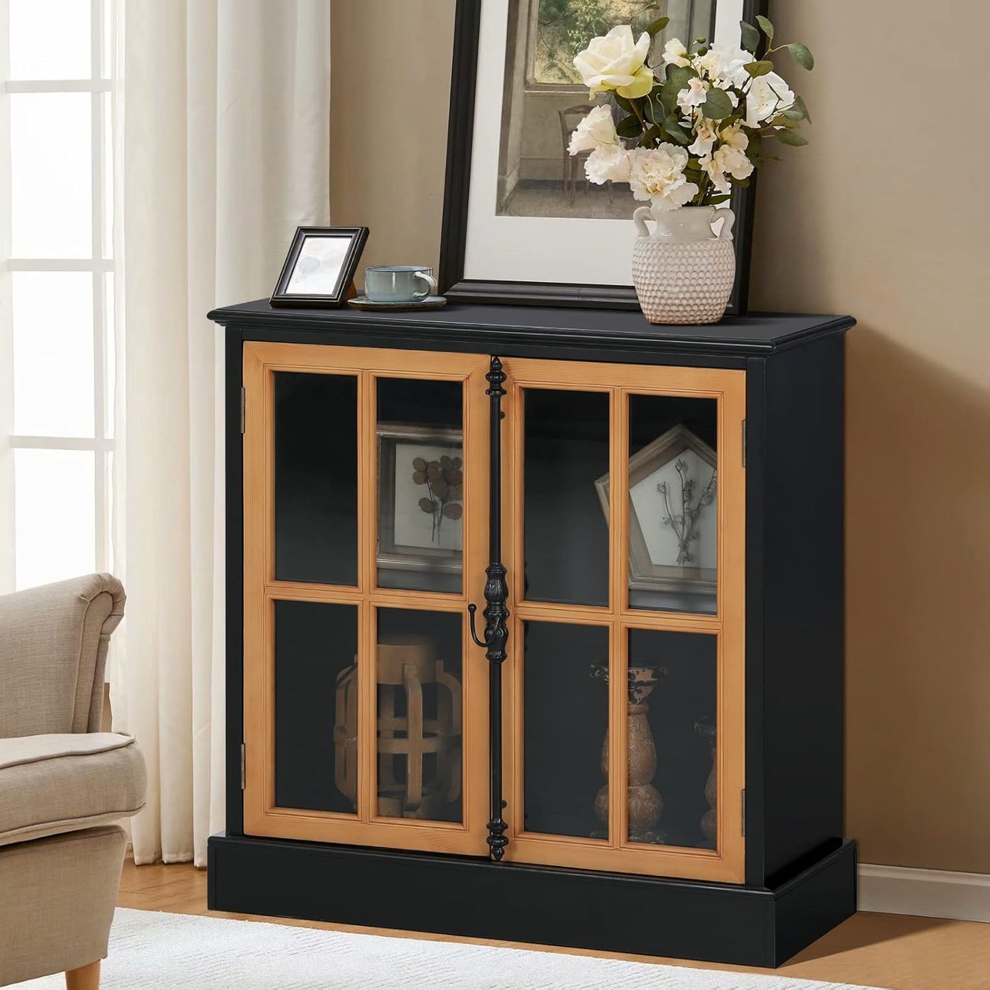 MAISON ARTS Accent Cabinet with 2 Doors and 1 Shelf, Farmhouse Boho Storage Cabinet with Solid Wood Frame, Small Buffet Sideboard for Living Room Entryway, Holds Up to 245lbs