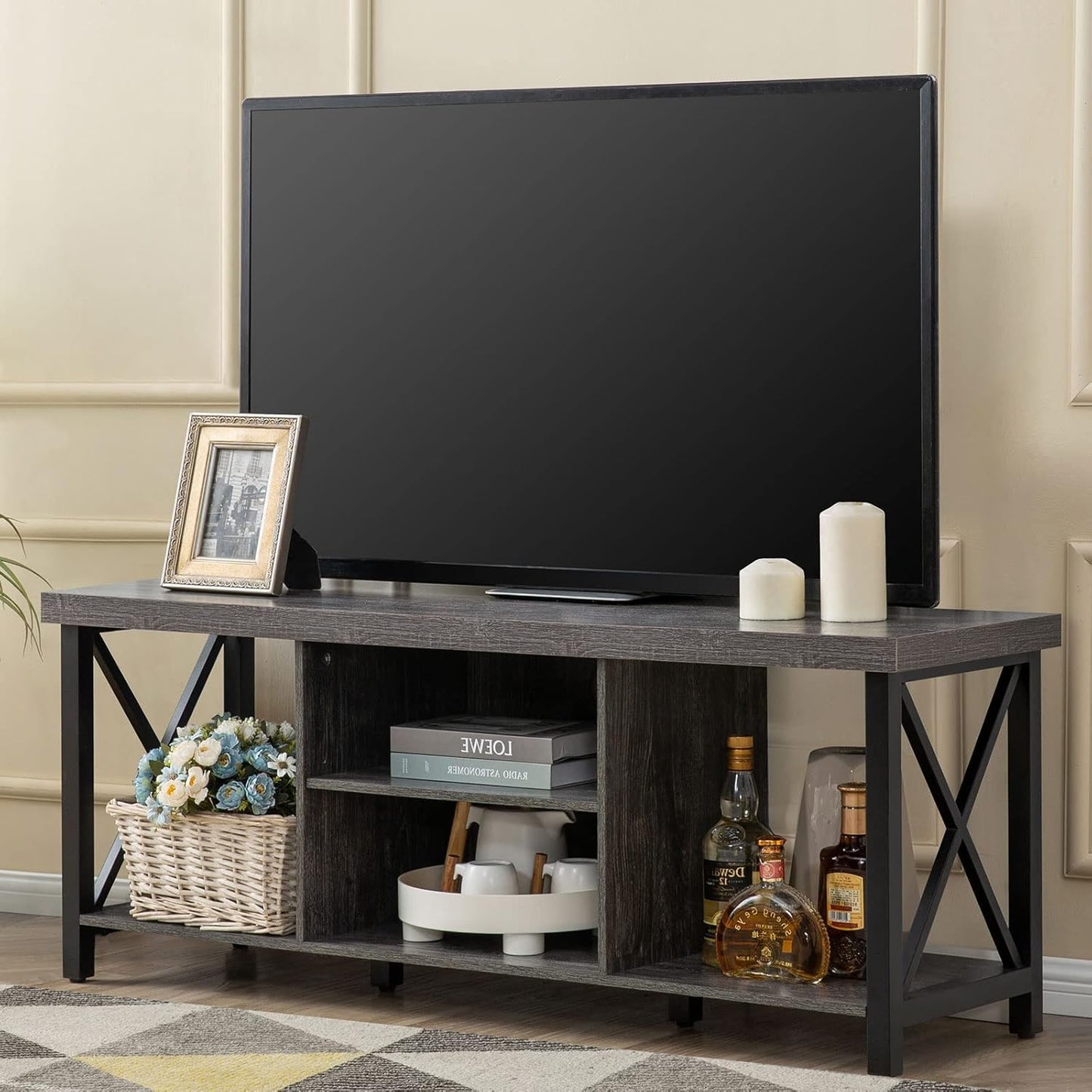 GAZHOME TV Stand for TV up to 55 Inches, TV Cabinet with Open Storage, TV Console Unit with Shelving for Living Room, Entertainment Room, Rustic Brown