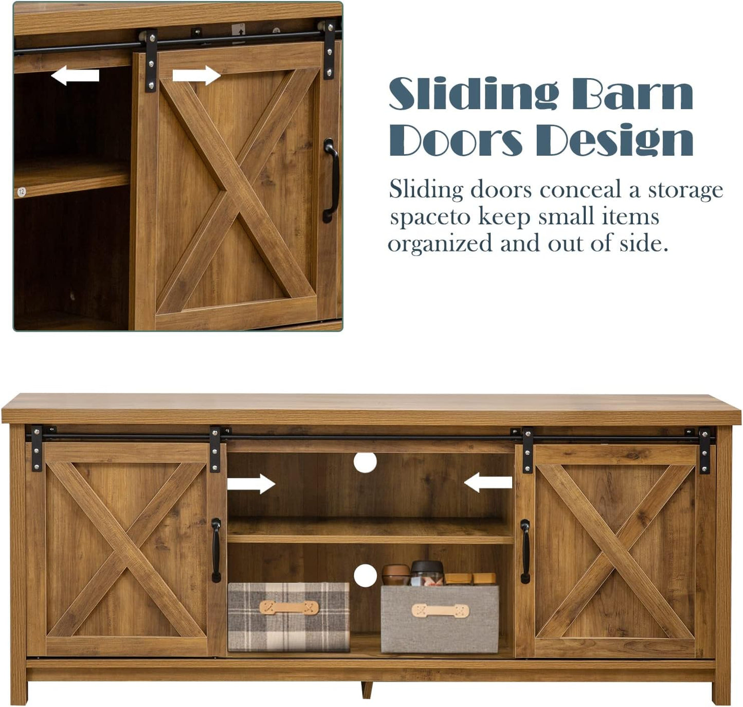 GAZHOME Modern Farmhouse TV Stand with Sliding Barn Doors, Media Entertainment Center Console Table for TVs up to 65”,2-Tier Large Storage Cabinets,Rustic TV Stand for Living Room Bedroom,Brown