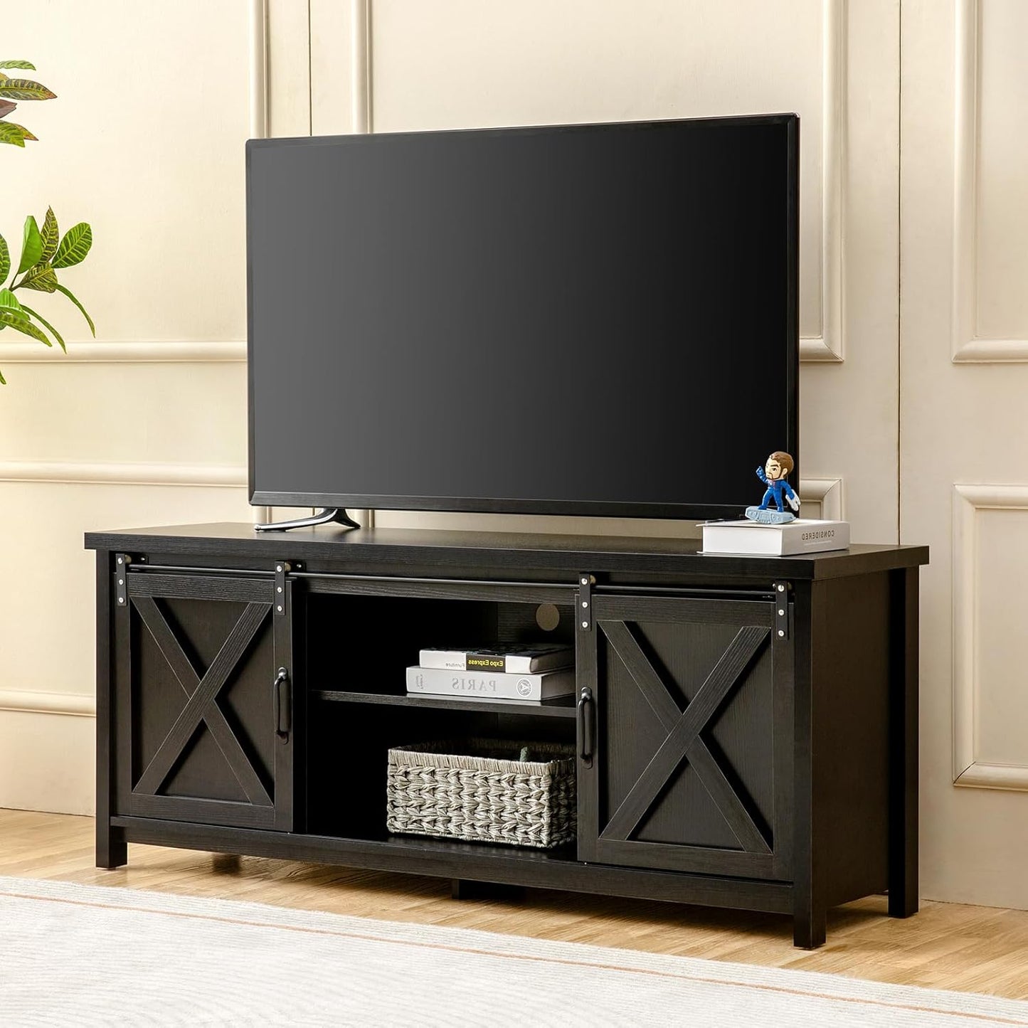 GAZHOME Modern Farmhouse TV Stand with Sliding Barn Doors, Media Entertainment Center Console Table for TVs up to 65”,2-Tier Large Storage Cabinets,Rustic TV Stand for Living Room Bedroom,Brown