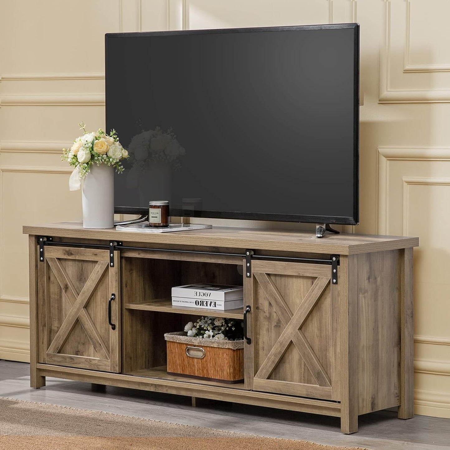 GAZHOME Modern Farmhouse TV Stand with Sliding Barn Doors, Media Entertainment Center Console Table for TVs up to 65”,2-Tier Large Storage Cabinets,Rustic TV Stand for Living Room Bedroom,Brown