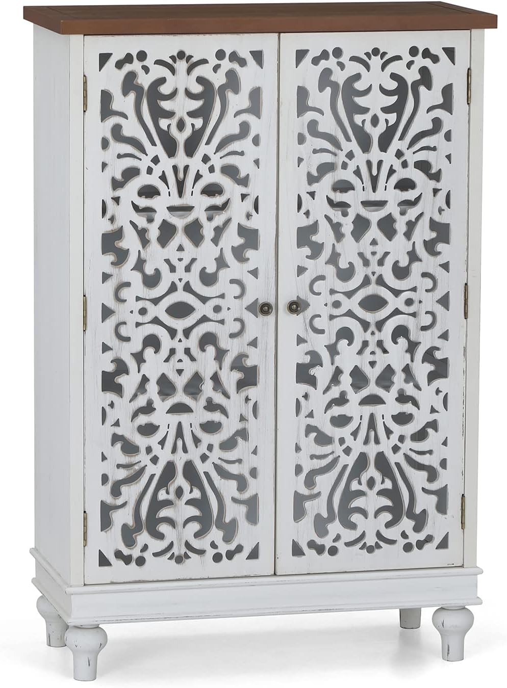 Sophia & William Sideboard and Buffet with Storage, 3-Door Hollow-Carved Accent Cabinet, Distressed Wood Storage Cabinet Cupboard for Kitchen, Dining Room, Living Room, Entryway, White