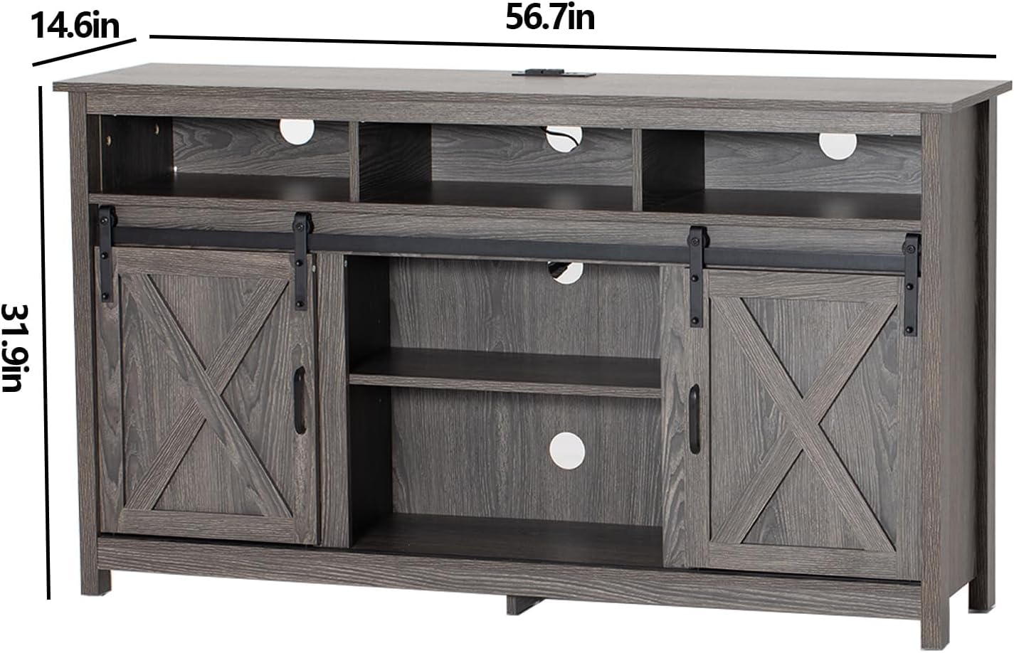 Vinctik 6&Fox 57” Wooden Farmhouse TV Stand for 60/65 inch TV,Double Layer Storage Entertainment Center TV Console Table,w Double-Row Sockets and 2 Sliding Barn Door,Media Cable Box(Grey Wash)