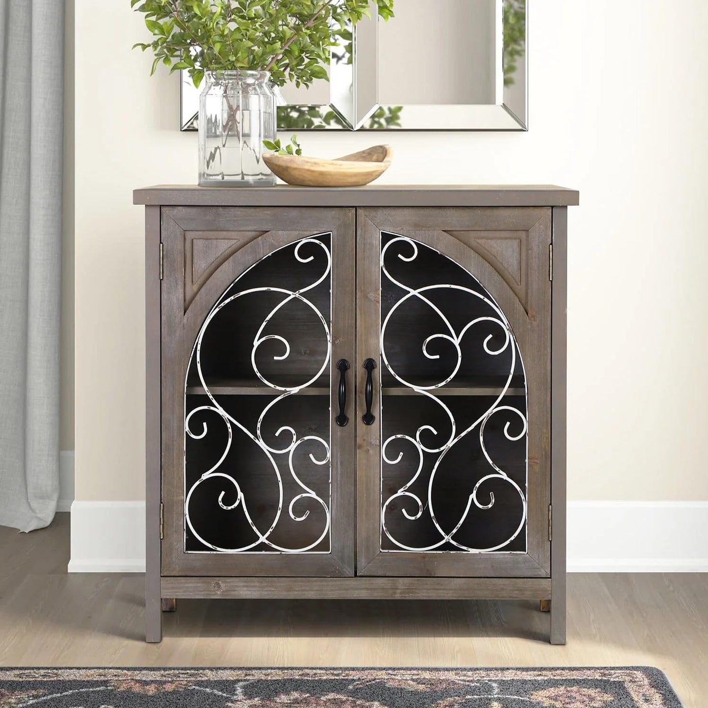 MAISON ARTS Accent Cabinet with 2 Doors and 1 Shelf, Farmhouse Boho Storage Cabinet with Solid Wood Frame, Small Buffet Sideboard for Living Room Entryway, Holds Up to 245lbs