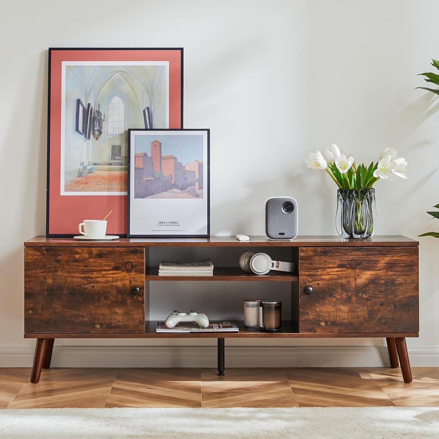 DUMOS TV Stand for 55 60 inch TV, Entertainment Center with Storage Cabinet, Mid Century Modern Media Console Table, Adjustable Hinge, Wooden Television Furniture for Living Room, Office