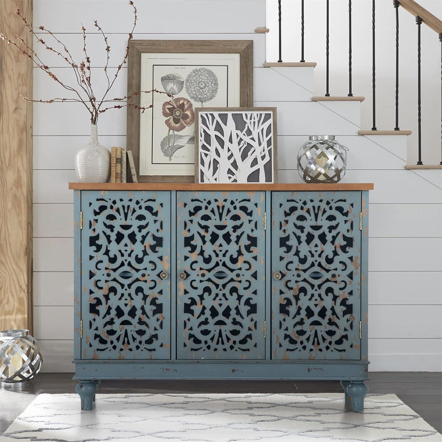 Sophia & William Sideboard and Buffet with Storage, 3-Door Hollow-Carved Accent Cabinet, Distressed Wood Storage Cabinet Cupboard for Kitchen, Dining Room, Living Room, Entryway, White