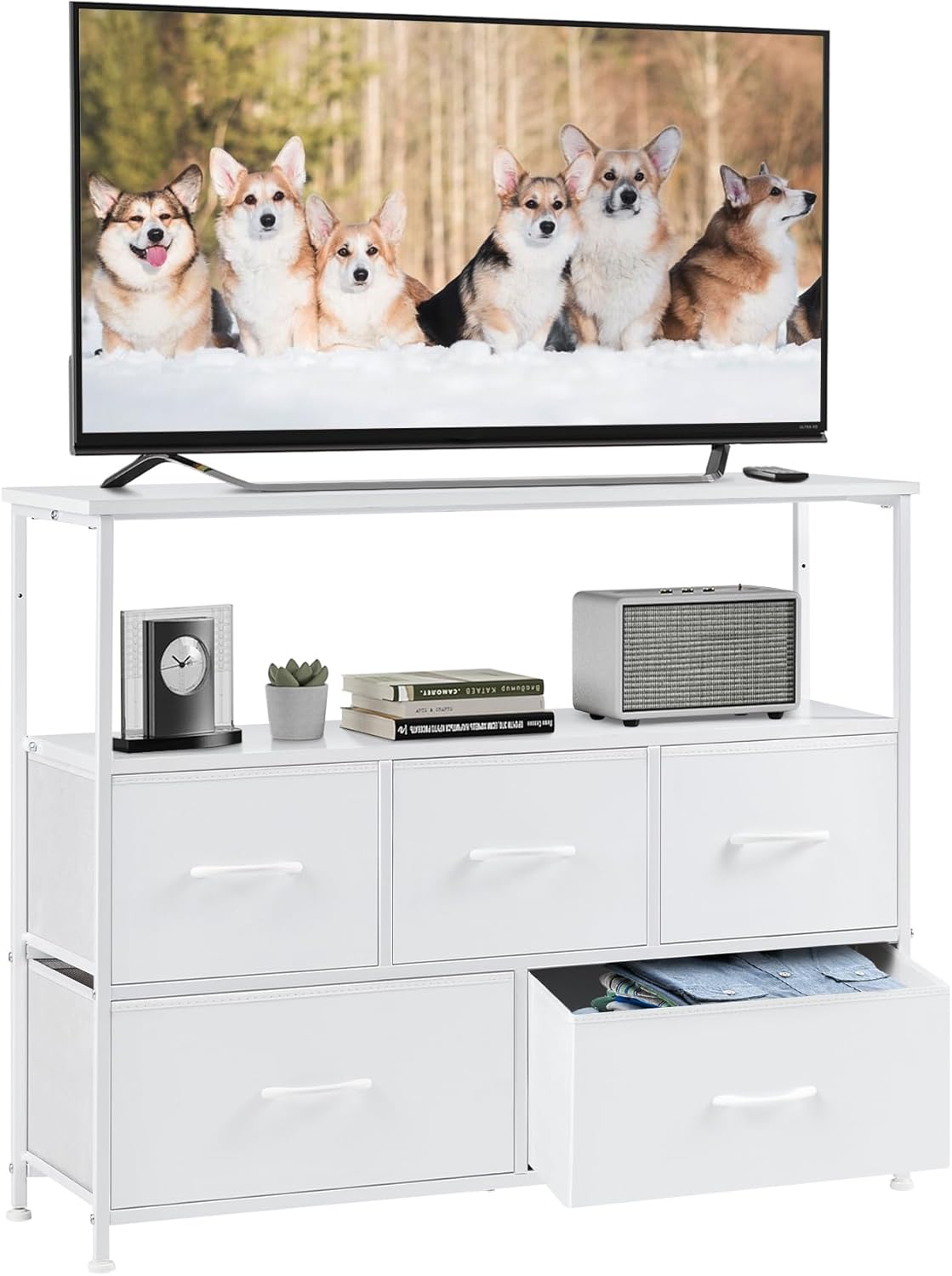 DUMOS TV Stand Dresser for Bedroom with 5 Fabric Drawer,Entertainment Center for 45 inch Television, Media Console Table with Storage, Open Shelf, Adjustable Feet, Living Room Furniture, Brown
