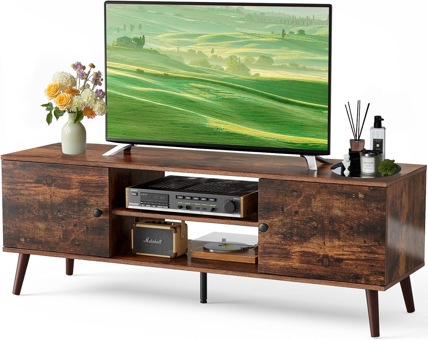 DUMOS TV Stand for 55 60 inch TV, Entertainment Center with Storage Cabinet, Mid Century Modern Media Console Table, Adjustable Hinge, Wooden Television Furniture for Living Room, Office