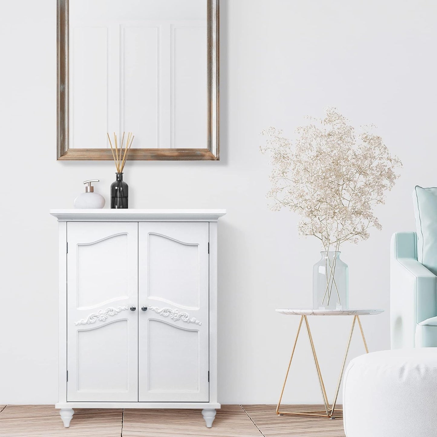 Teamson Home Versailles Wooden Freestanding Floor Storage Cabinet with 2 Adjustable Interior Shelves 3 Storage Spaces and 2 Floral Scroll Doors, White