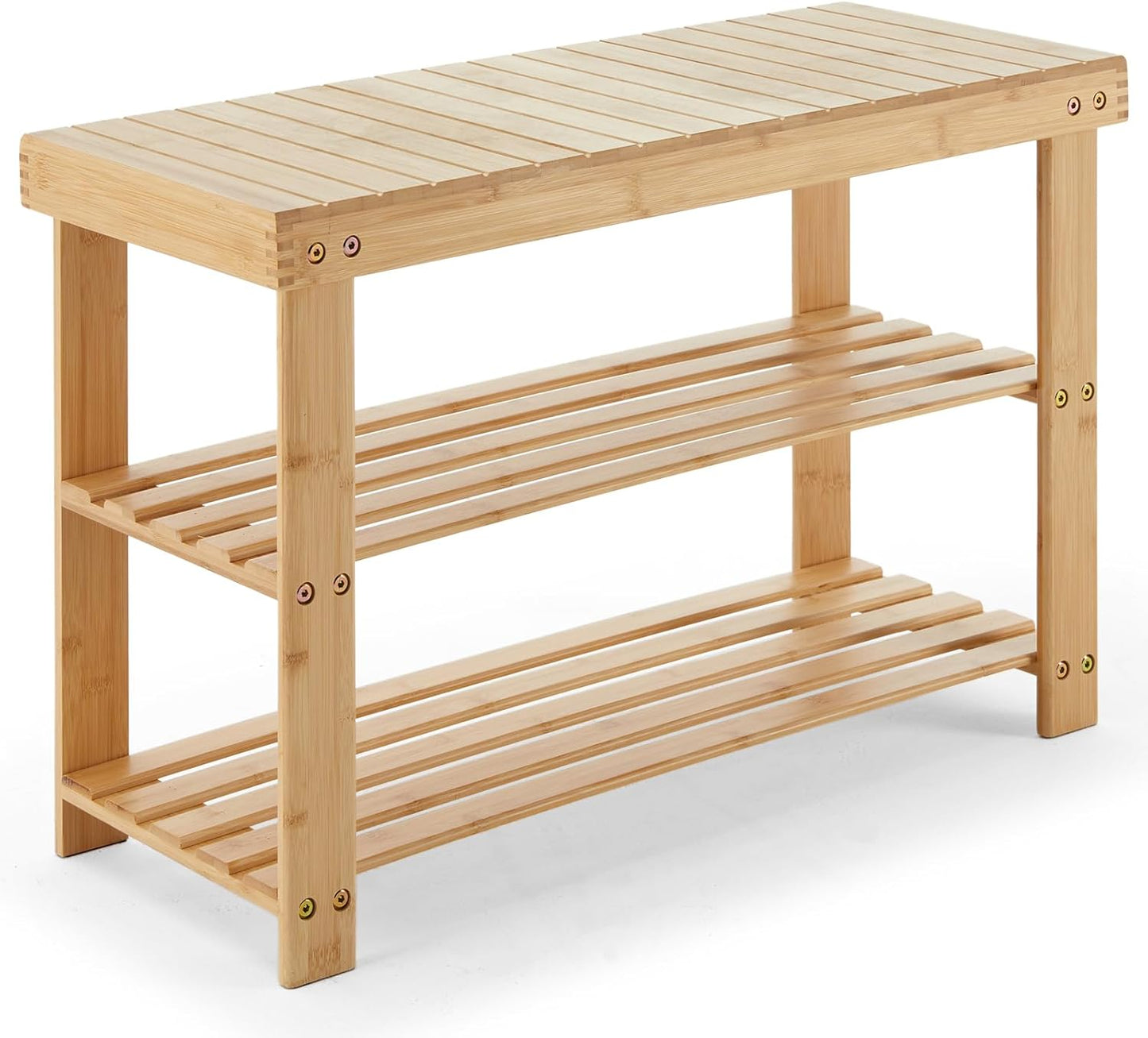 Sweetcrispy Shoe Rack Bench, 3-Tier Bamboo Entryway Storage Organizer, 286lb Capacity, Shoes Stand for FrontDoor Entrance, Bedroom, Living Room, Bathroom, Balcony, 11.3 x 27.6 x 17.8 Inches, Brown