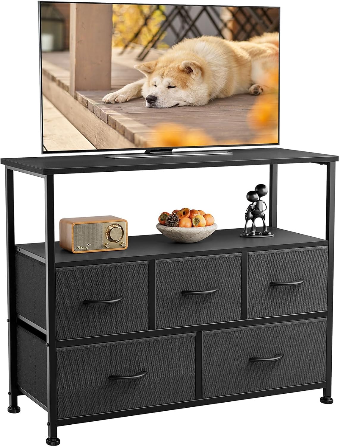 DUMOS TV Stand Dresser for Bedroom with 5 Fabric Drawer,Entertainment Center for 45 inch Television, Media Console Table with Storage, Open Shelf, Adjustable Feet, Living Room Furniture, Brown
