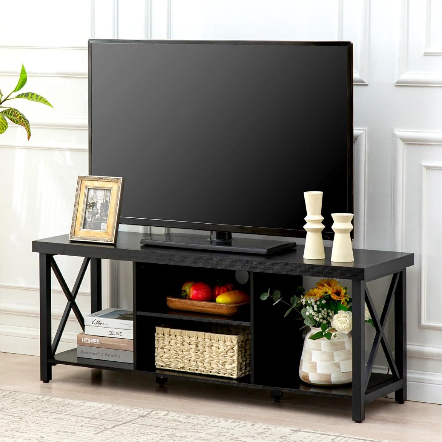 GAZHOME TV Stand for TV up to 55 Inches, TV Cabinet with Open Storage, TV Console Unit with Shelving for Living Room, Entertainment Room, Rustic Brown