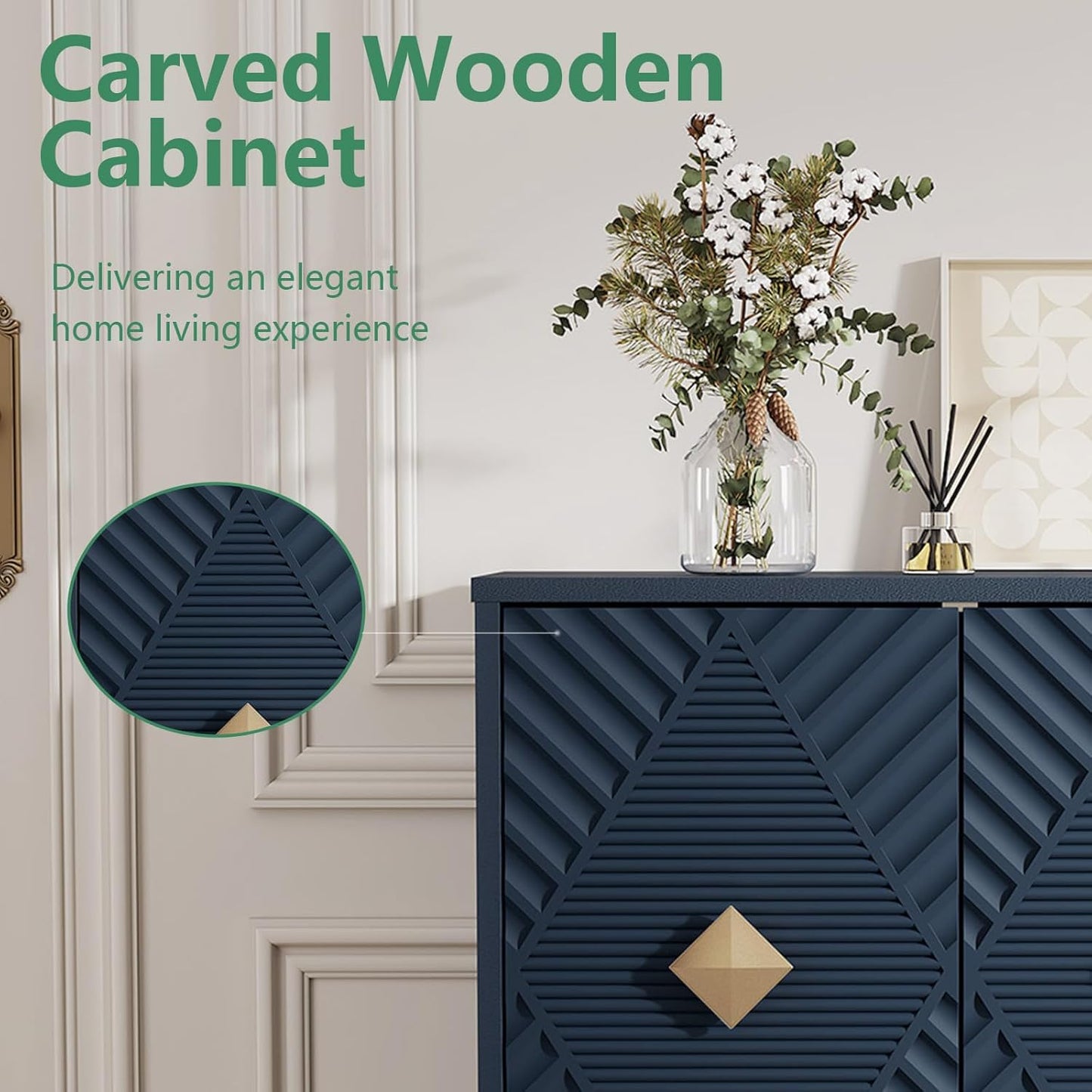 Accent Cabinet with 2 Doors, Blue Sideboard Buffet Cabinet with Storage, Decorative Wood Carved Modern Credenza for Living Room, Entryway, Kitchen
