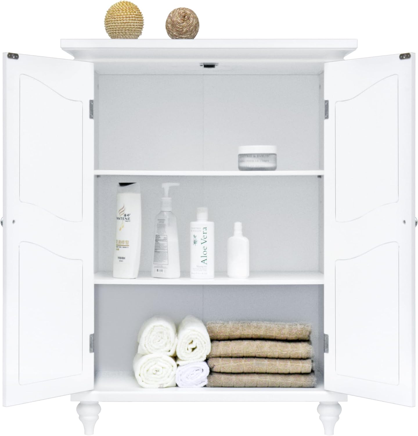 Teamson Home Versailles Wooden Freestanding Floor Storage Cabinet with 2 Adjustable Interior Shelves 3 Storage Spaces and 2 Floral Scroll Doors, White
