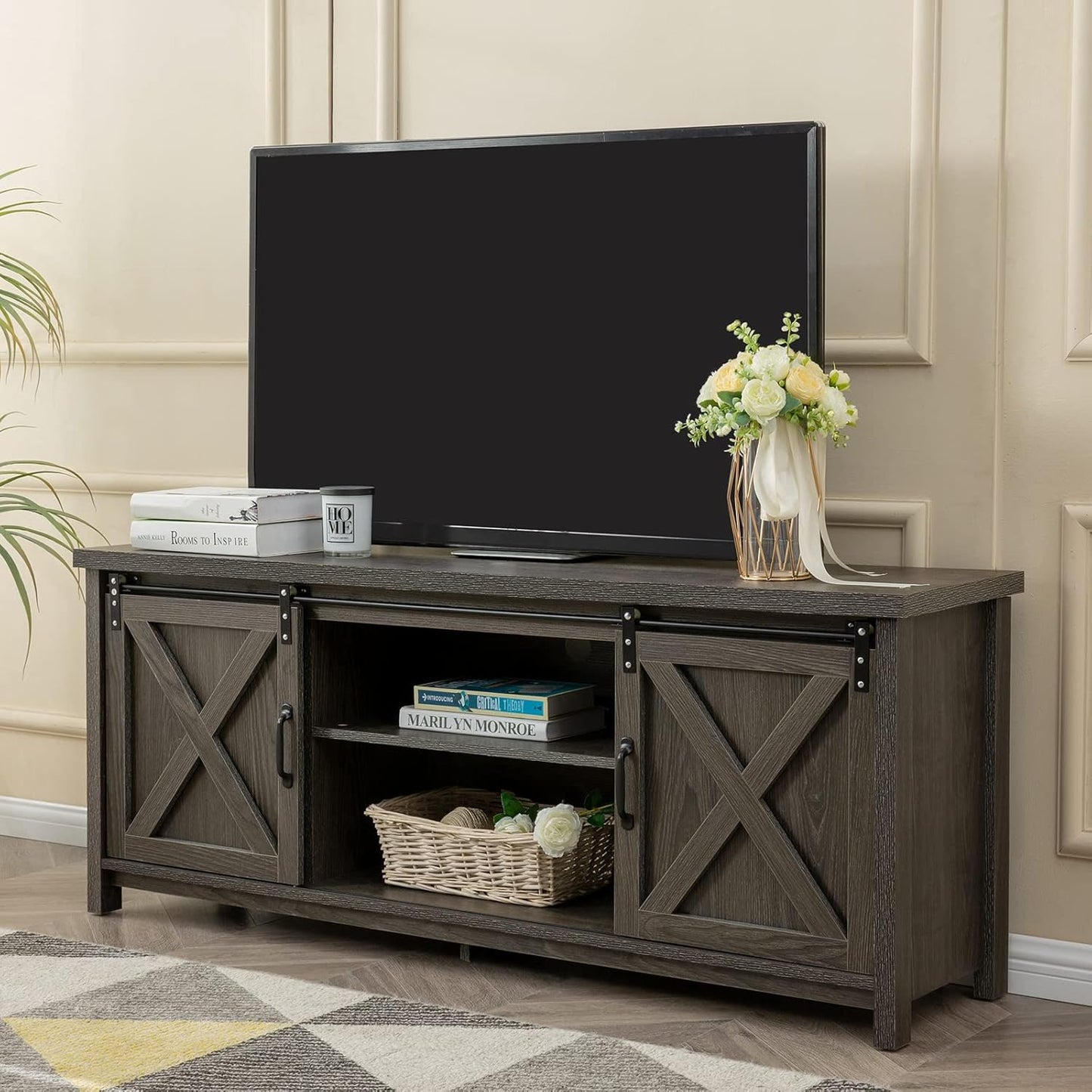 GAZHOME Modern Farmhouse TV Stand with Sliding Barn Doors, Media Entertainment Center Console Table for TVs up to 65”,2-Tier Large Storage Cabinets,Rustic TV Stand for Living Room Bedroom,Brown