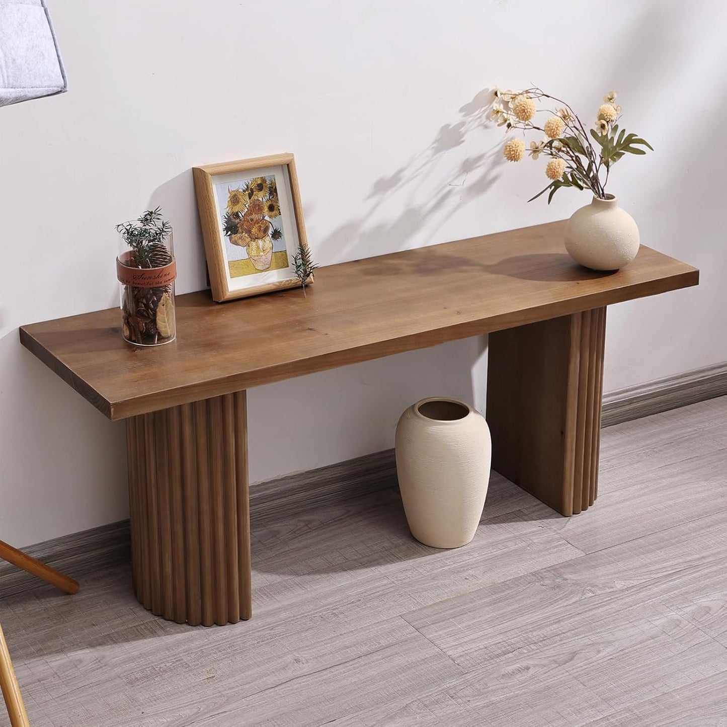 Fluted Wood Bench, 43" Farmhouse Solid Wood Bench Seat for Entryway, Dining Room, Indoors, Semicircular Leg, Easy Assembly, Natural