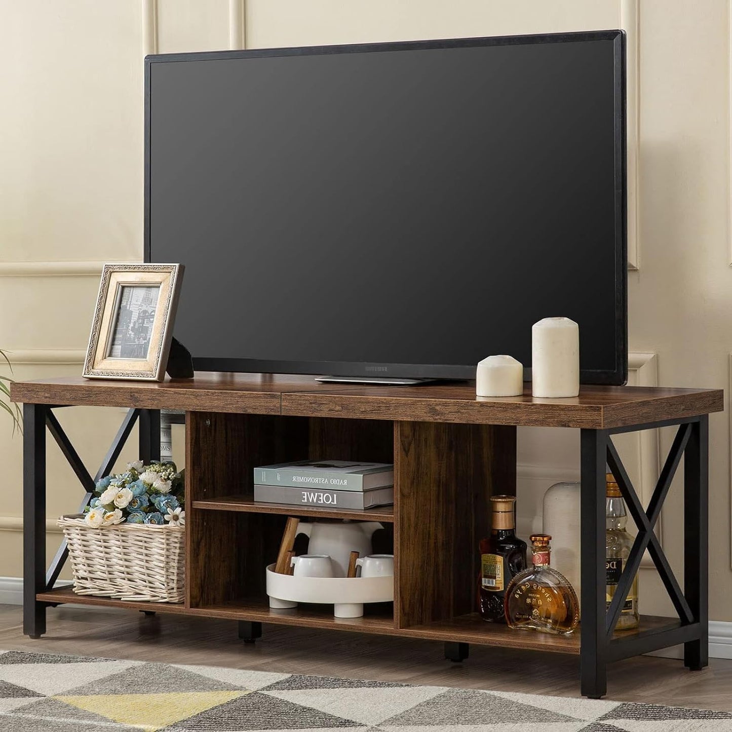 GAZHOME TV Stand for TV up to 55 Inches, TV Cabinet with Open Storage, TV Console Unit with Shelving for Living Room, Entertainment Room, Rustic Brown