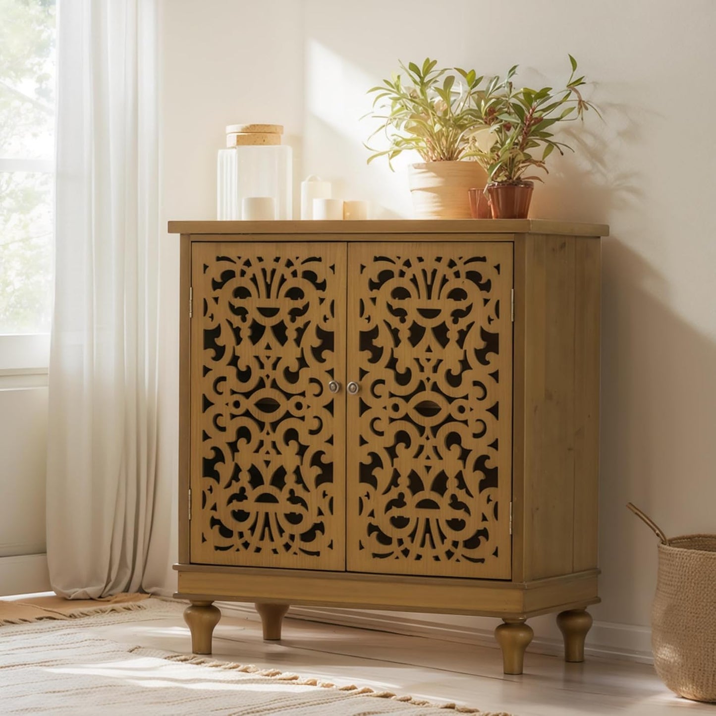 Sophia & William Sideboard and Buffet with Storage, 3-Door Hollow-Carved Accent Cabinet, Distressed Wood Storage Cabinet Cupboard for Kitchen, Dining Room, Living Room, Entryway, White